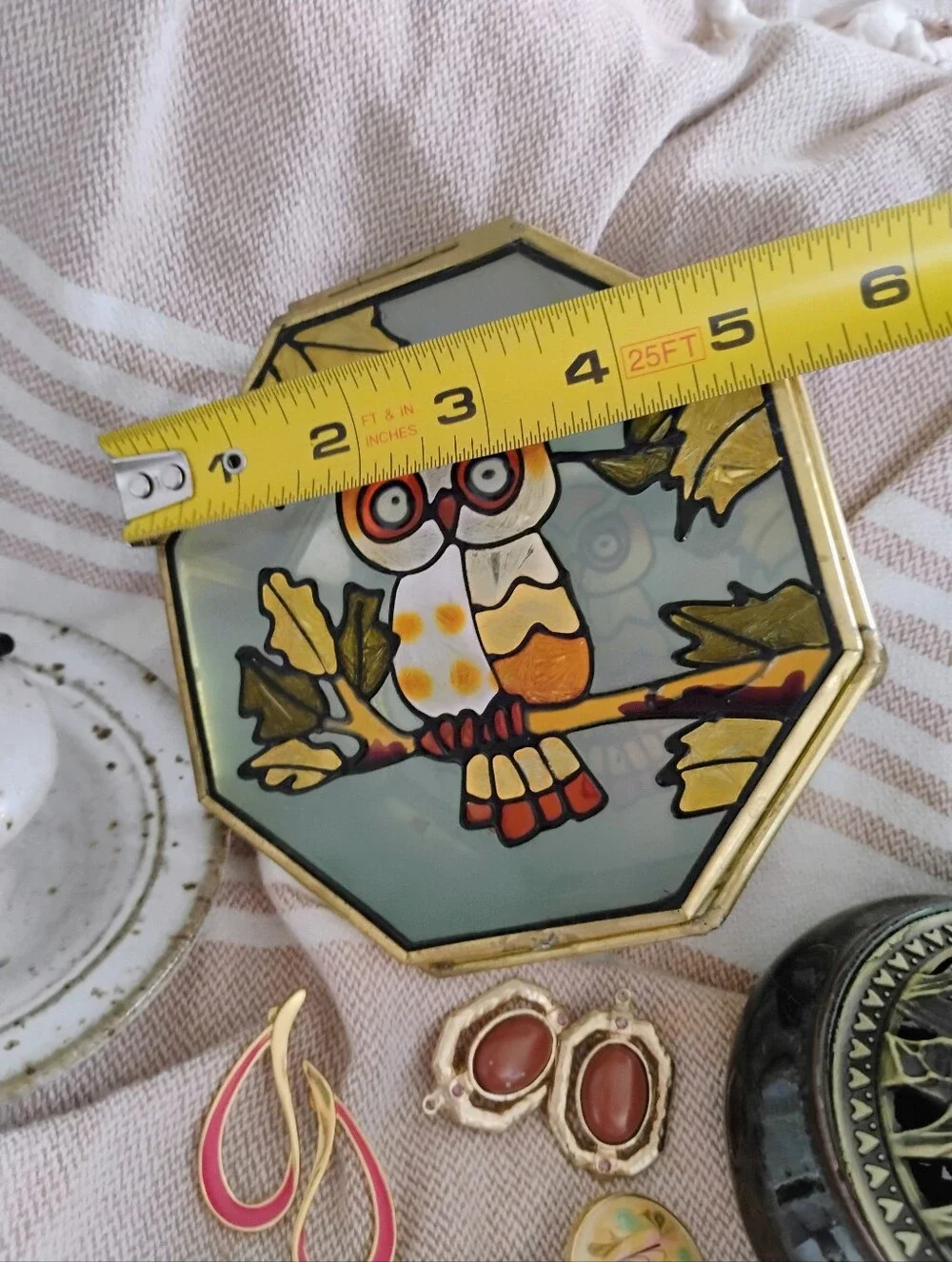 Vintage Jewelry Box Stained Glass Mirrored, Owl
